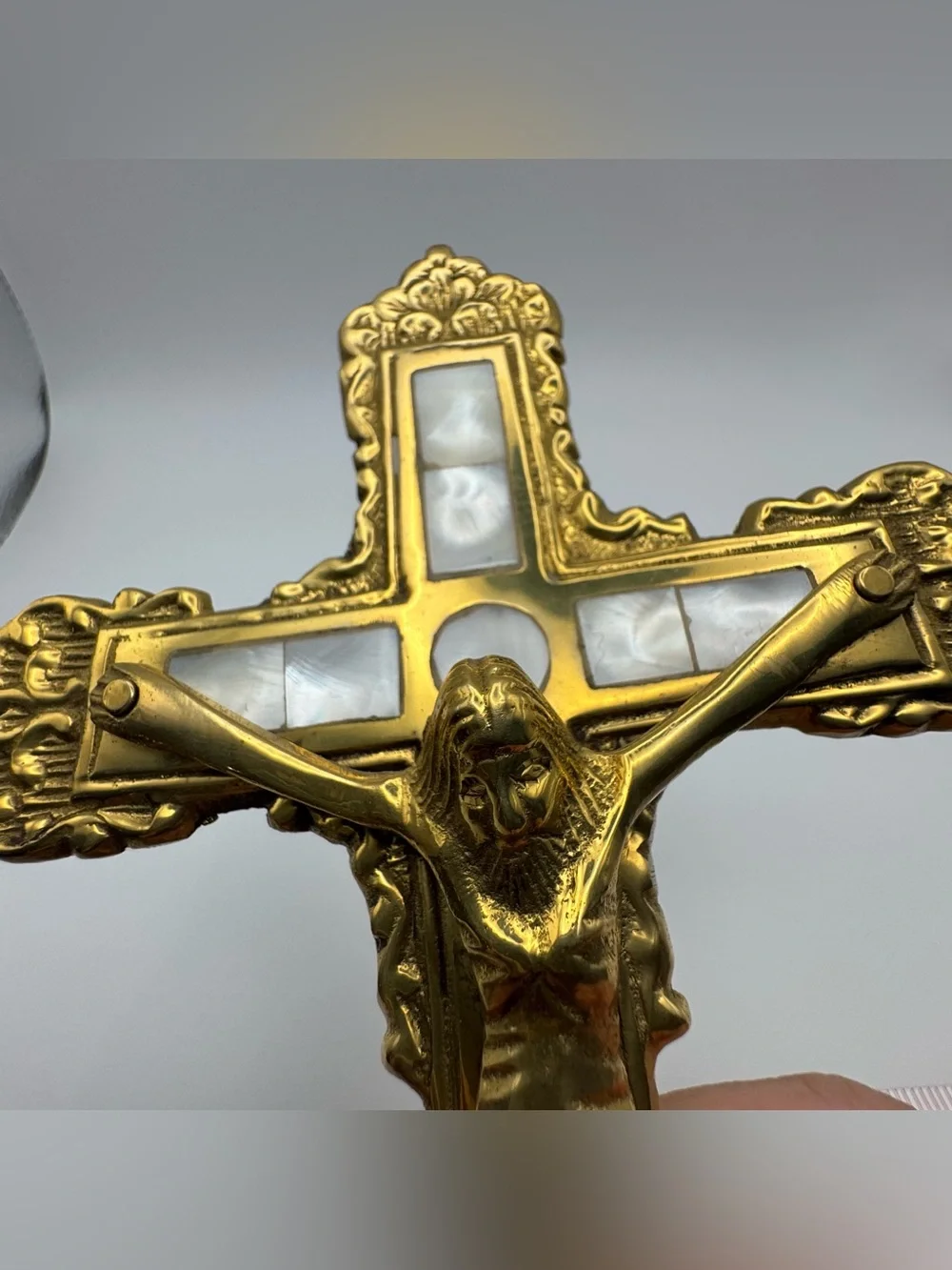 Vintage Mother of Pearl Inlay Standing Crucifix Gold Tone Altar Cross Jesus